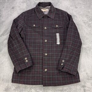 Utex Wool Shacket Shirt Men M Burgundy Gray Gingham Button Front Pockets Lined
